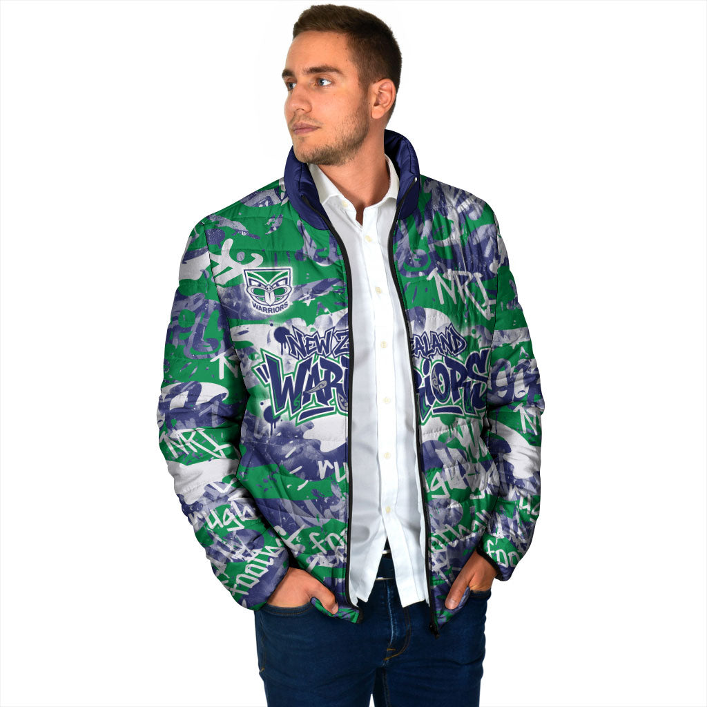 New Zealand Warriors Rugby Padded Jacket Graffiti Typography Urban Camo Abstract Street Style