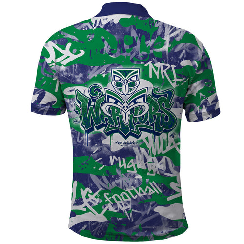 New Zealand Warriors Rugby Polo Shirt Graffiti Typography Urban Camo Abstract Street Style