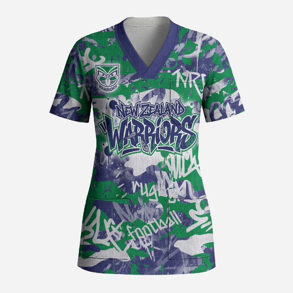 New Zealand Warriors Rugby Scrub Top Graffiti Typography Urban Camo Abstract Street Style