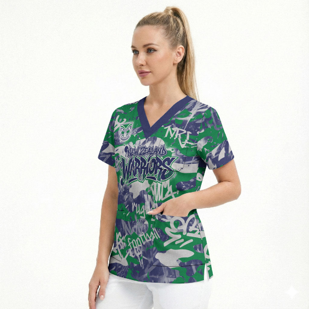 New Zealand Warriors Rugby Scrub Top Graffiti Typography Urban Camo Abstract Street Style