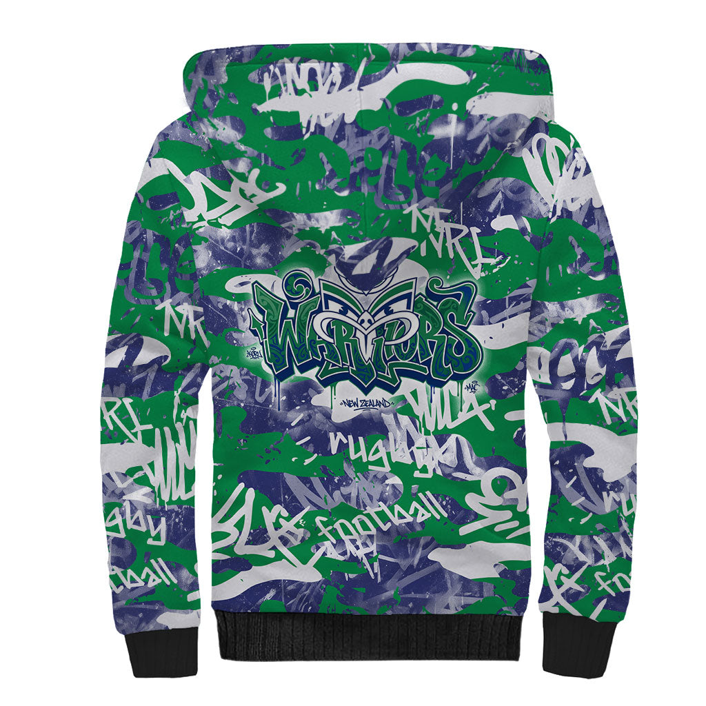 New Zealand Warriors Rugby Sherpa Hoodie Graffiti Typography Urban Camo Abstract Street Style