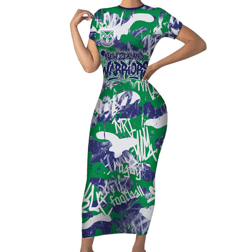 New Zealand Warriors Rugby Short Sleeve Bodycon Dress Graffiti Typography Urban Camo Abstract Street Style