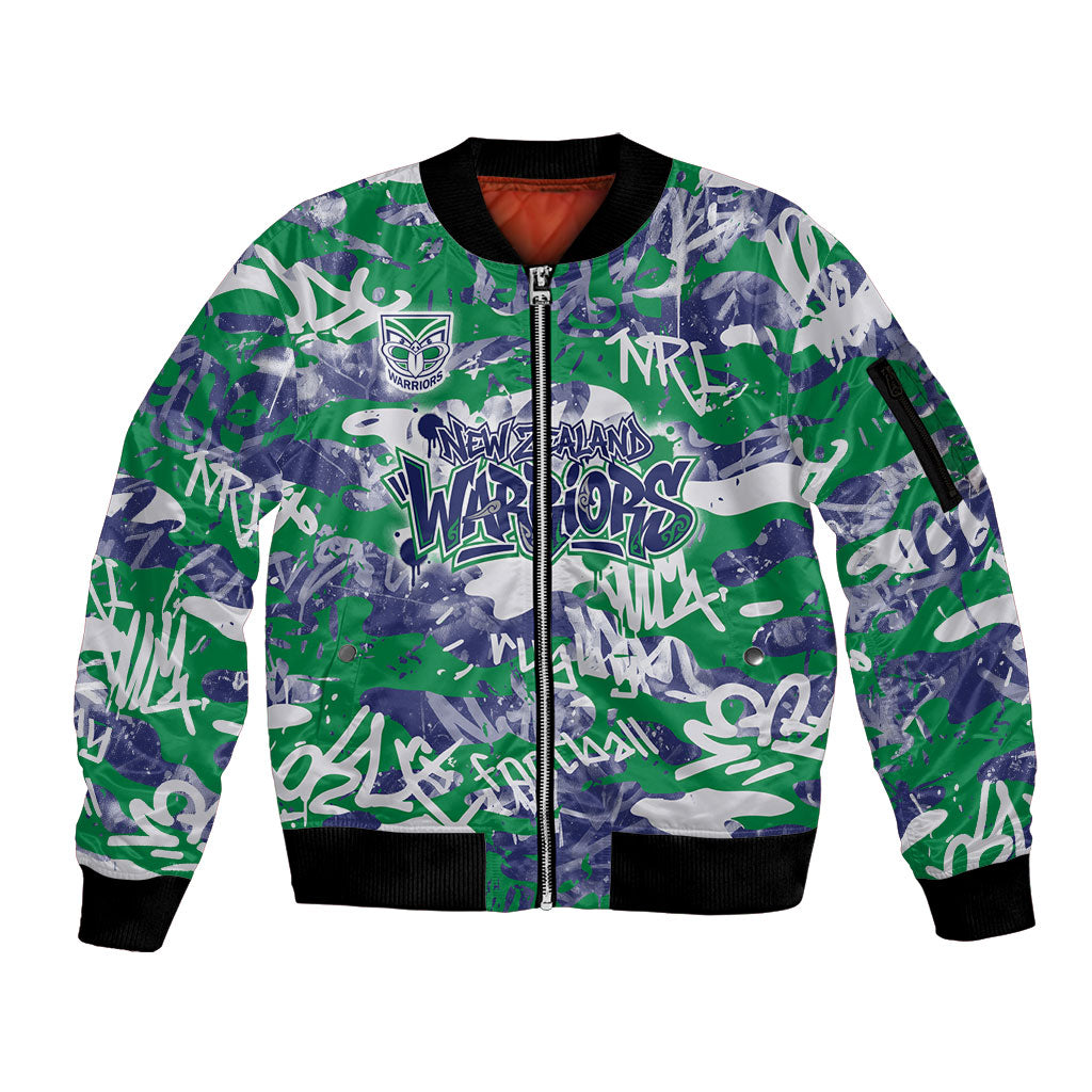 New Zealand Warriors Rugby Sleeve Zip Bomber Jacket Graffiti Typography Urban Camo Abstract Street Style