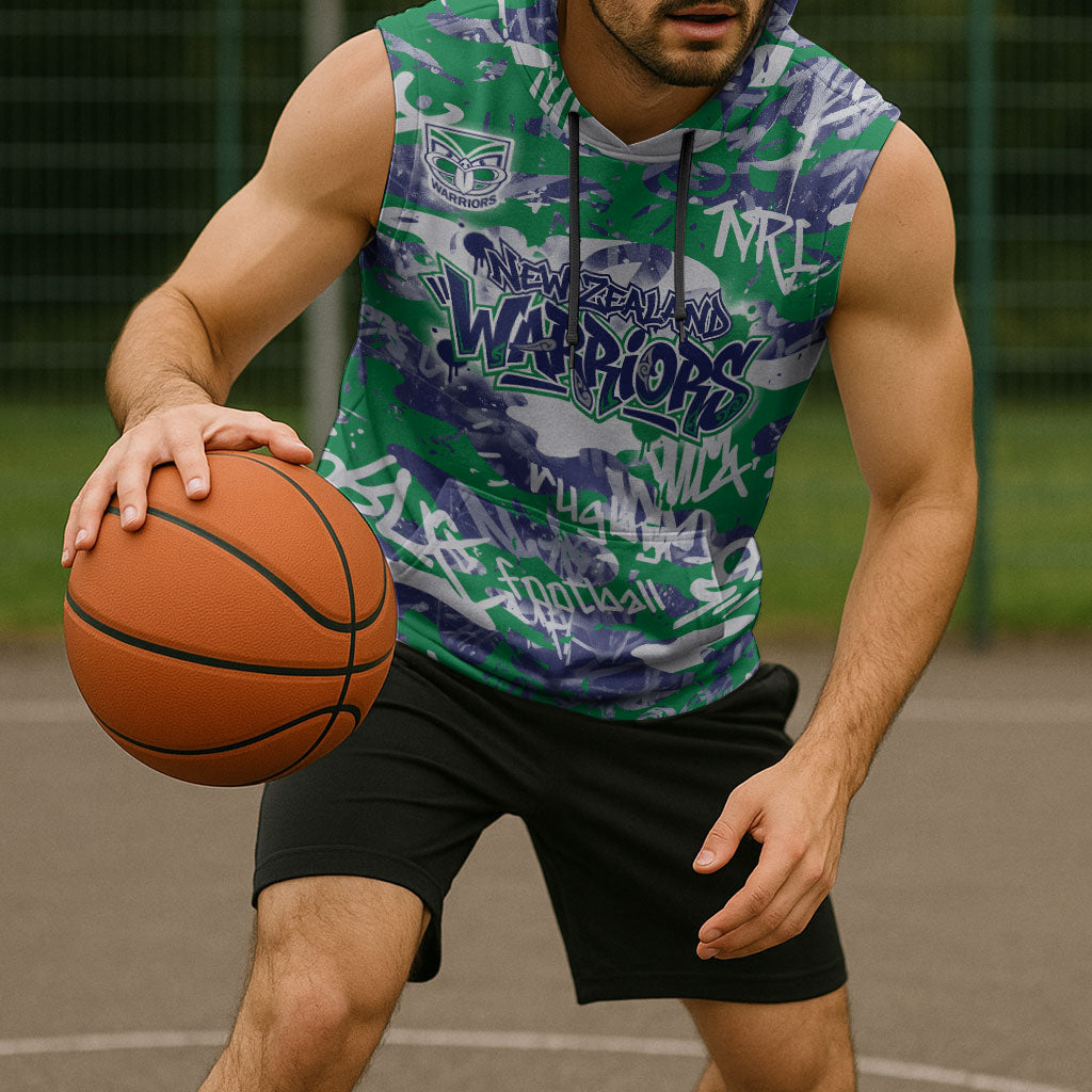 New Zealand Warriors Rugby Sleeveless Hoodie Graffiti Typography Urban Camo Abstract Street Style