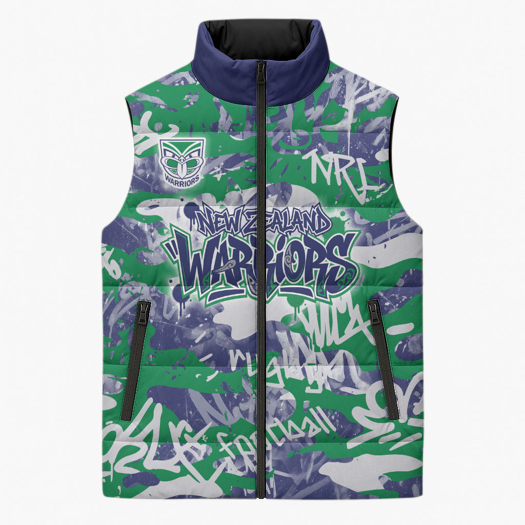 New Zealand Warriors Rugby Sleeveless Puffer Jacket Graffiti Typography Urban Camo Abstract Street Style