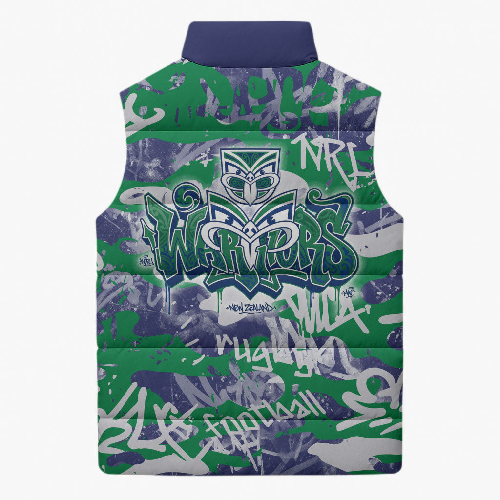 New Zealand Warriors Rugby Sleeveless Puffer Jacket Graffiti Typography Urban Camo Abstract Street Style
