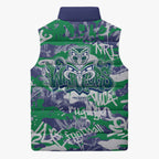 New Zealand Warriors Rugby Sleeveless Puffer Jacket Graffiti Typography Urban Camo Abstract Street Style