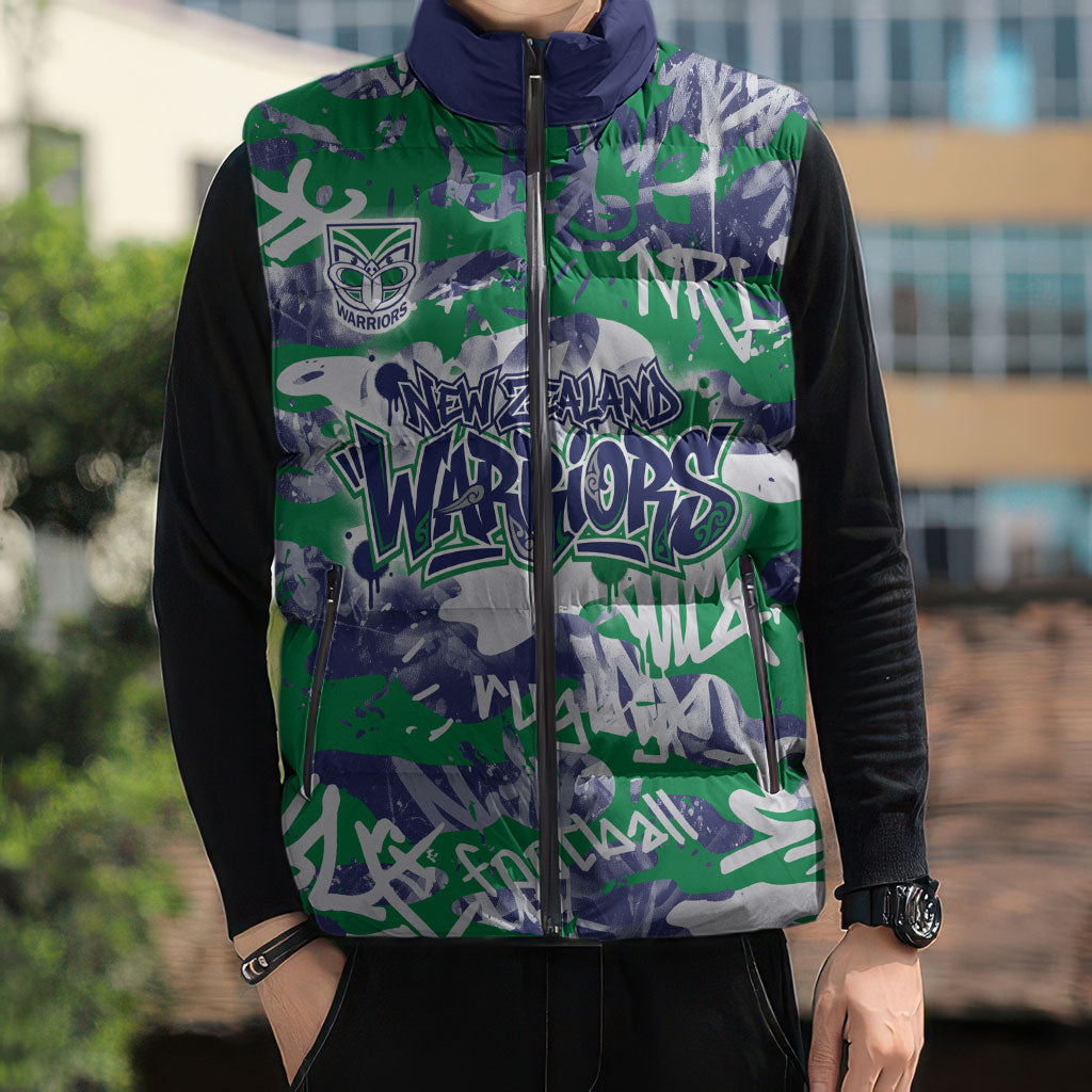 New Zealand Warriors Rugby Sleeveless Puffer Jacket Graffiti Typography Urban Camo Abstract Street Style