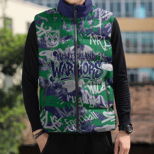 New Zealand Warriors Rugby Sleeveless Puffer Jacket Graffiti Typography Urban Camo Abstract Street Style