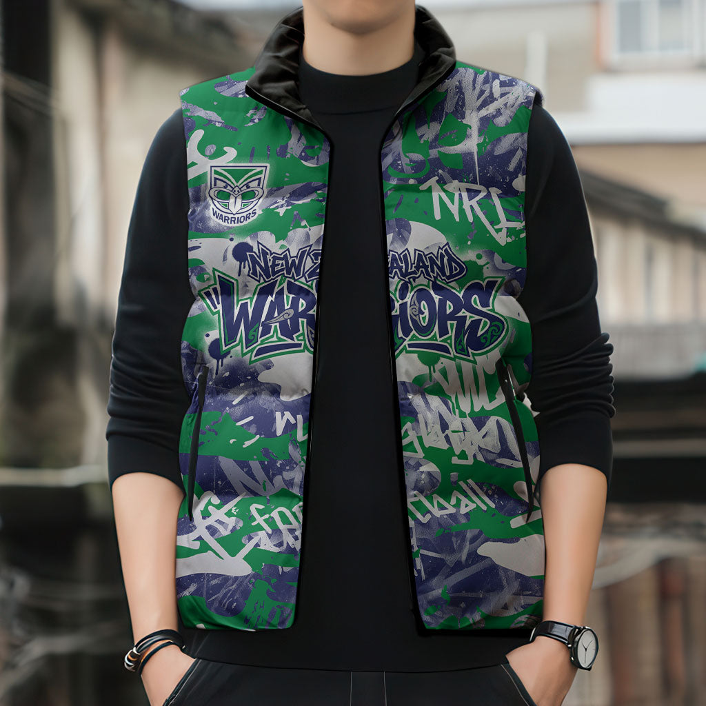 New Zealand Warriors Rugby Sleeveless Puffer Jacket Graffiti Typography Urban Camo Abstract Street Style