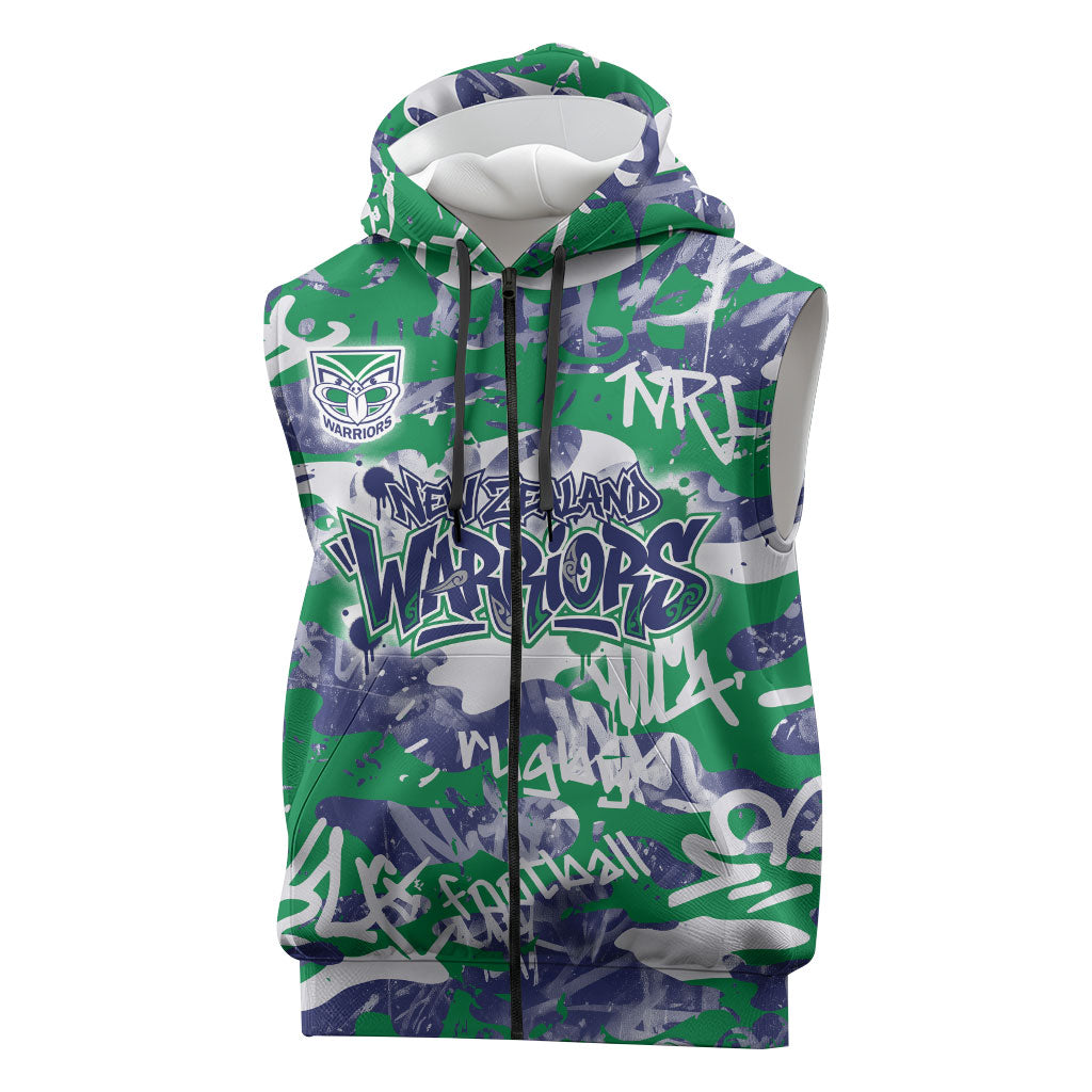 New Zealand Warriors Rugby Sleeveless Zip Hoodie Graffiti Typography Urban Camo Abstract Street Style