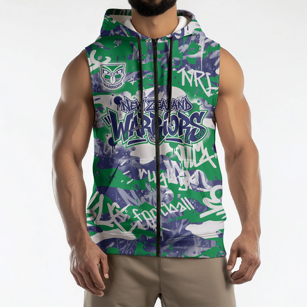 New Zealand Warriors Rugby Sleeveless Zip Hoodie Graffiti Typography Urban Camo Abstract Street Style