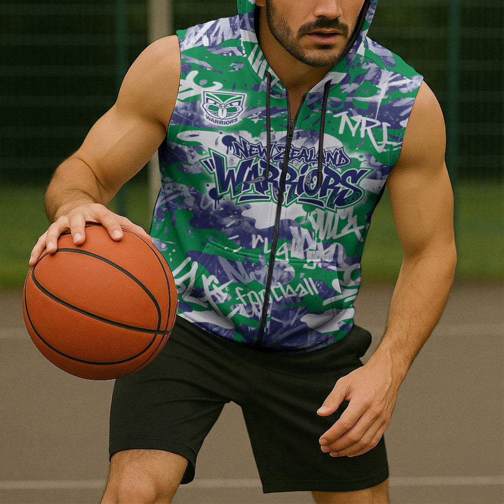 New Zealand Warriors Rugby Sleeveless Zip Hoodie Graffiti Typography Urban Camo Abstract Street Style