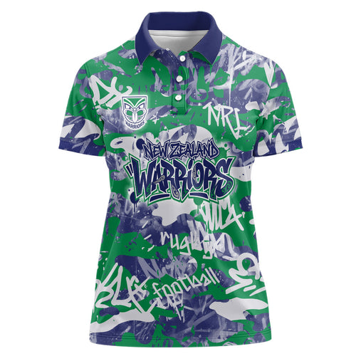 New Zealand Warriors Rugby Women Polo Shirt Graffiti Typography Urban Camo Abstract Street Style