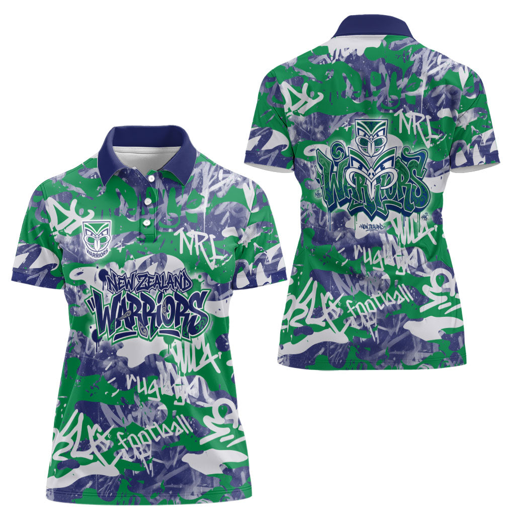 New Zealand Warriors Rugby Women Polo Shirt Graffiti Typography Urban Camo Abstract Street Style