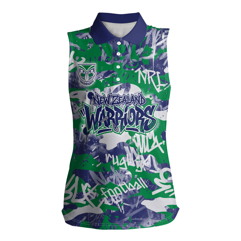 New Zealand Warriors Rugby Women Sleeveless Polo Shirt Graffiti Typography Urban Camo Abstract Street Style