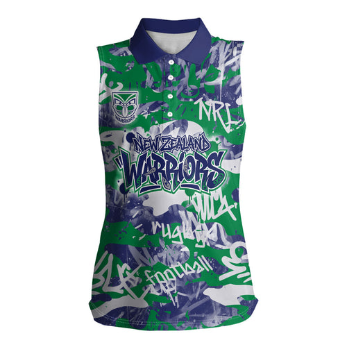 New Zealand Warriors Rugby Women Sleeveless Polo Shirt Graffiti Typography Urban Camo Abstract Street Style