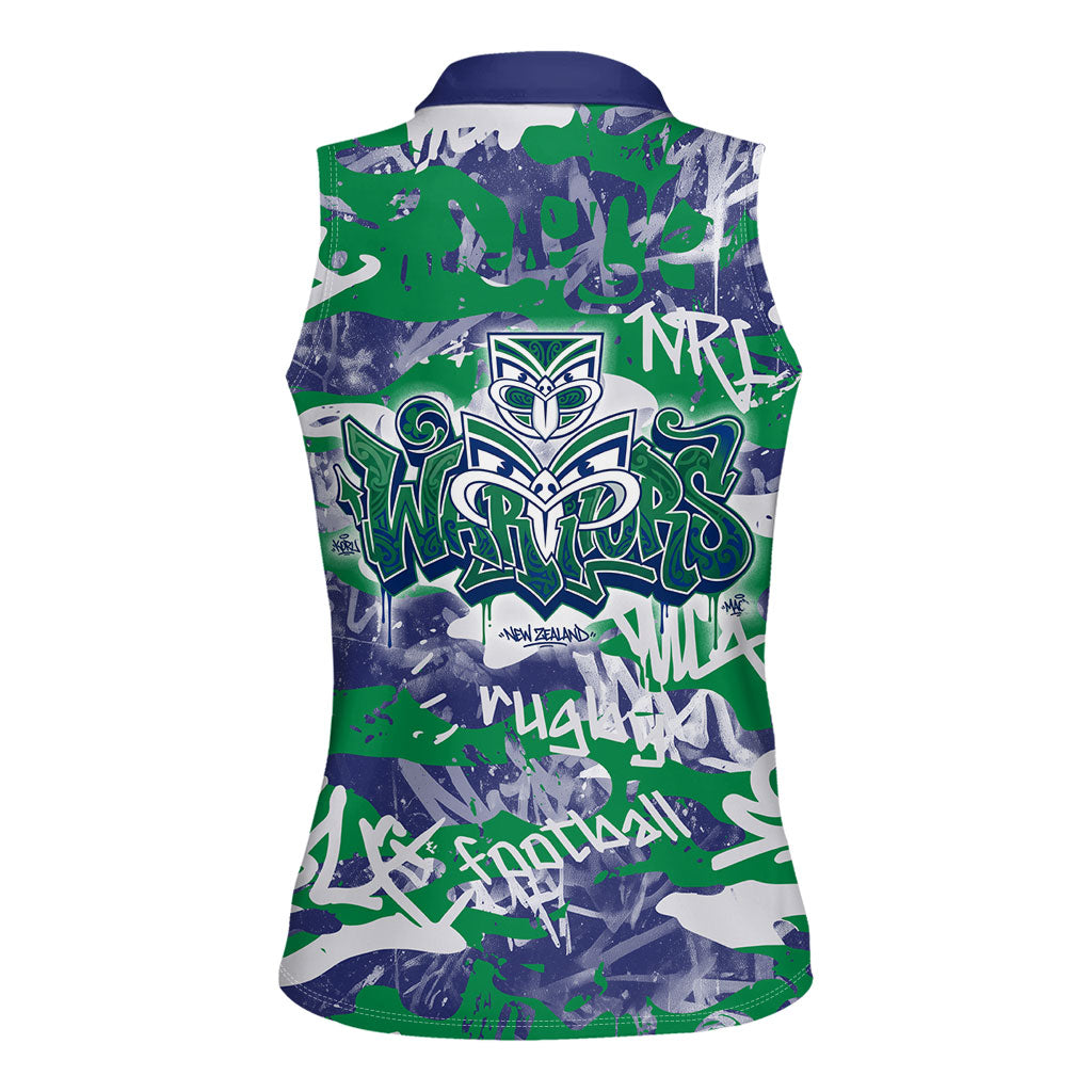 New Zealand Warriors Rugby Women Sleeveless Polo Shirt Graffiti Typography Urban Camo Abstract Street Style