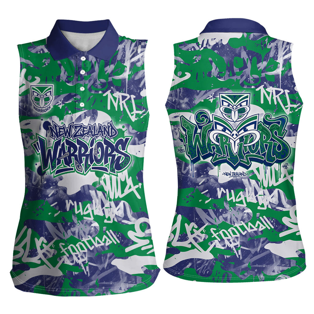 New Zealand Warriors Rugby Women Sleeveless Polo Shirt Graffiti Typography Urban Camo Abstract Street Style