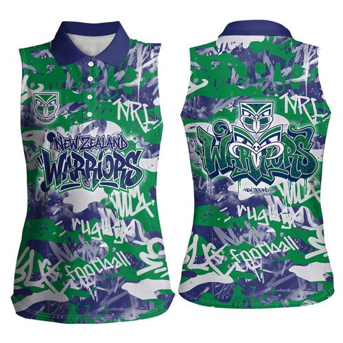 New Zealand Warriors Rugby Women Sleeveless Polo Shirt Graffiti Typography Urban Camo Abstract Street Style