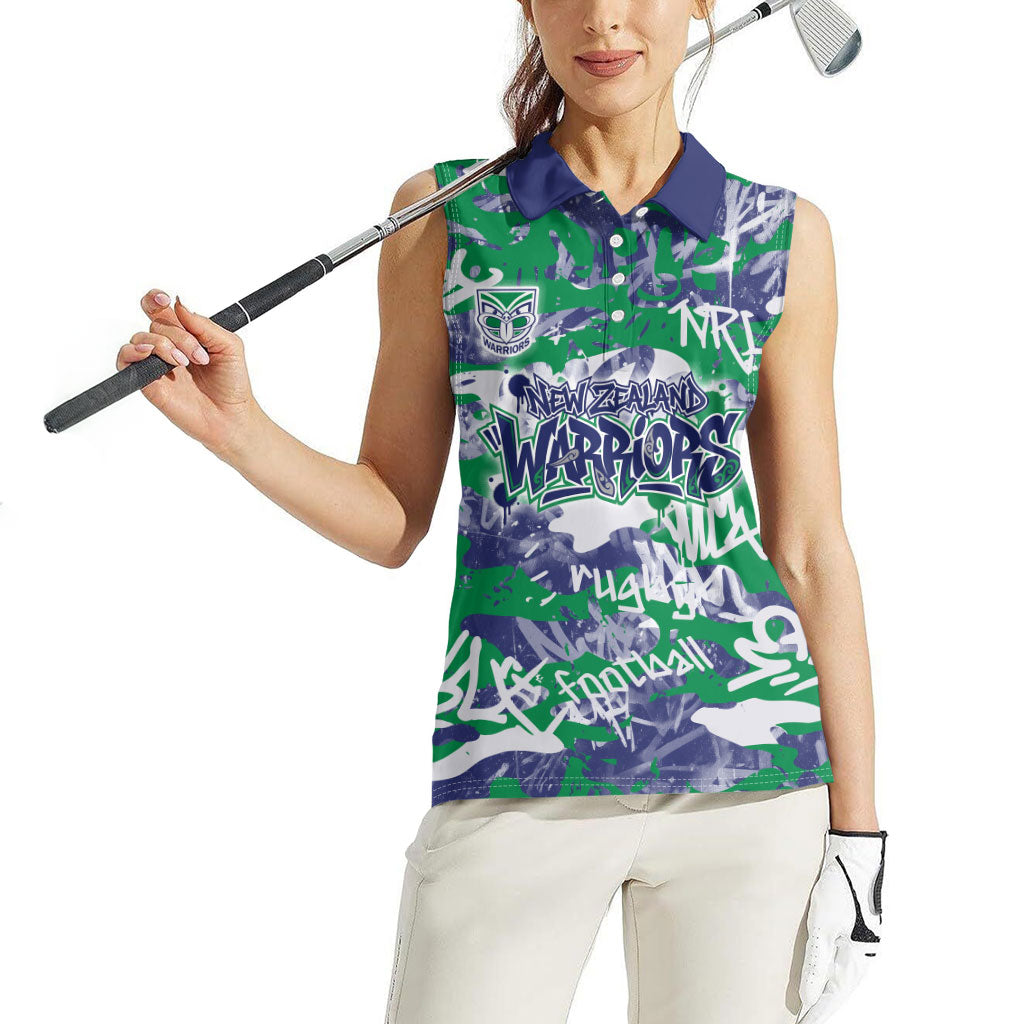 New Zealand Warriors Rugby Women Sleeveless Polo Shirt Graffiti Typography Urban Camo Abstract Street Style