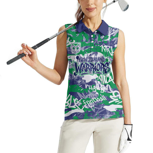 New Zealand Warriors Rugby Women Sleeveless Polo Shirt Graffiti Typography Urban Camo Abstract Street Style