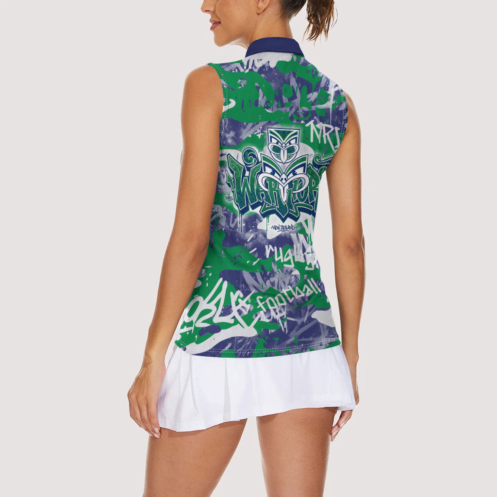 New Zealand Warriors Rugby Women Sleeveless Polo Shirt Graffiti Typography Urban Camo Abstract Street Style