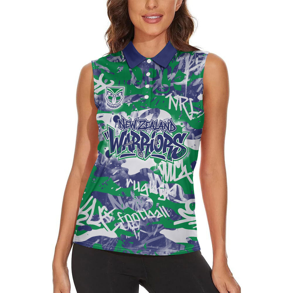 New Zealand Warriors Rugby Women Sleeveless Polo Shirt Graffiti Typography Urban Camo Abstract Street Style