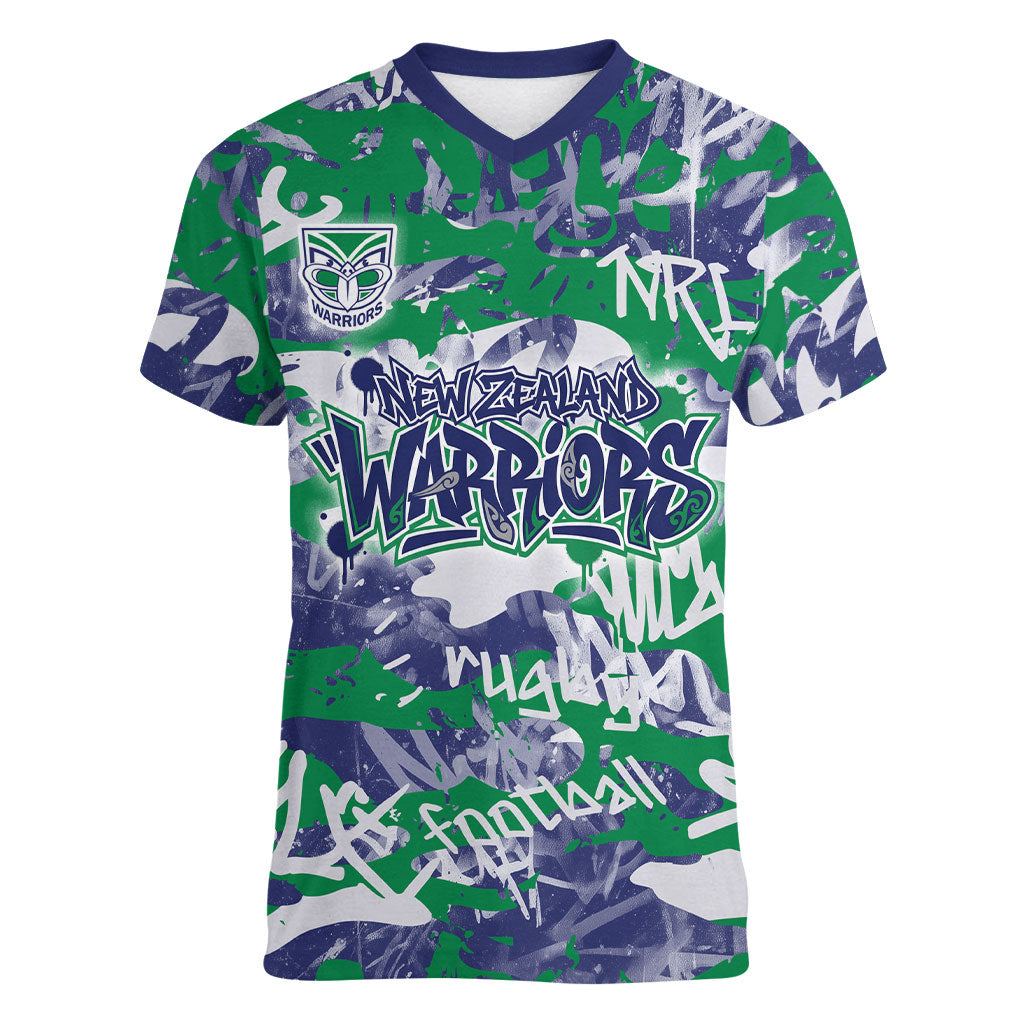 New Zealand Warriors Rugby Women V-Neck T-Shirt Graffiti Typography Urban Camo Abstract Street Style