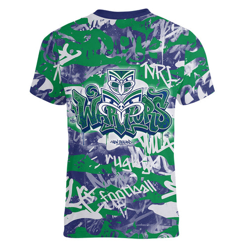 New Zealand Warriors Rugby Women V-Neck T-Shirt Graffiti Typography Urban Camo Abstract Street Style
