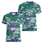 New Zealand Warriors Rugby Women V-Neck T-Shirt Graffiti Typography Urban Camo Abstract Street Style