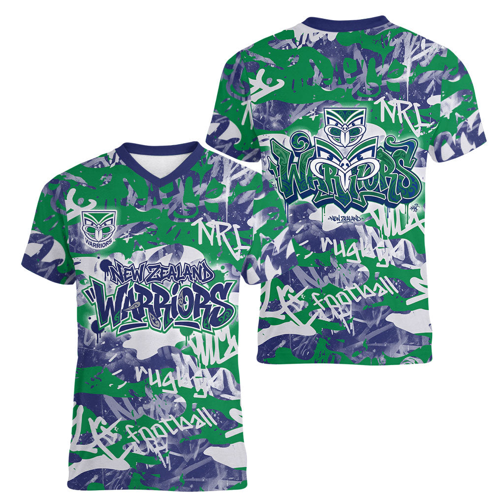 New Zealand Warriors Rugby Women V-Neck T-Shirt Graffiti Typography Urban Camo Abstract Street Style
