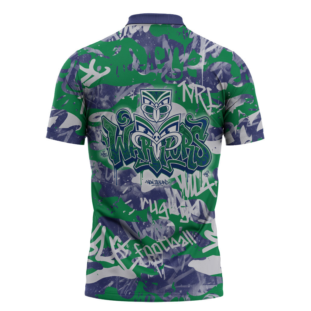 New Zealand Warriors Rugby Zipper Polo Shirt Graffiti Typography Urban Camo Abstract Street Style