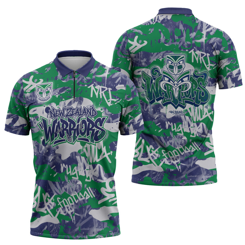 New Zealand Warriors Rugby Zipper Polo Shirt Graffiti Typography Urban Camo Abstract Street Style