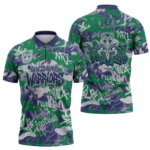 New Zealand Warriors Rugby Zipper Polo Shirt Graffiti Typography Urban Camo Abstract Street Style