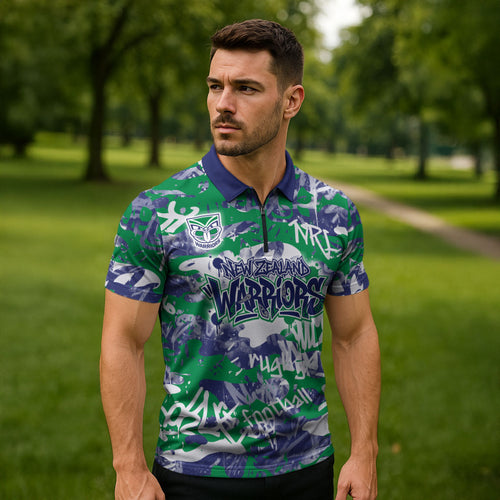 New Zealand Warriors Rugby Zipper Polo Shirt Graffiti Typography Urban Camo Abstract Street Style