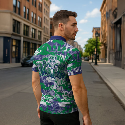 New Zealand Warriors Rugby Zipper Polo Shirt Graffiti Typography Urban Camo Abstract Street Style