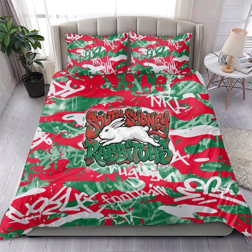 South Sydney Rabbitohs Rugby Bedding Set Graffiti Typography Urban Camo Abstract Street Style
