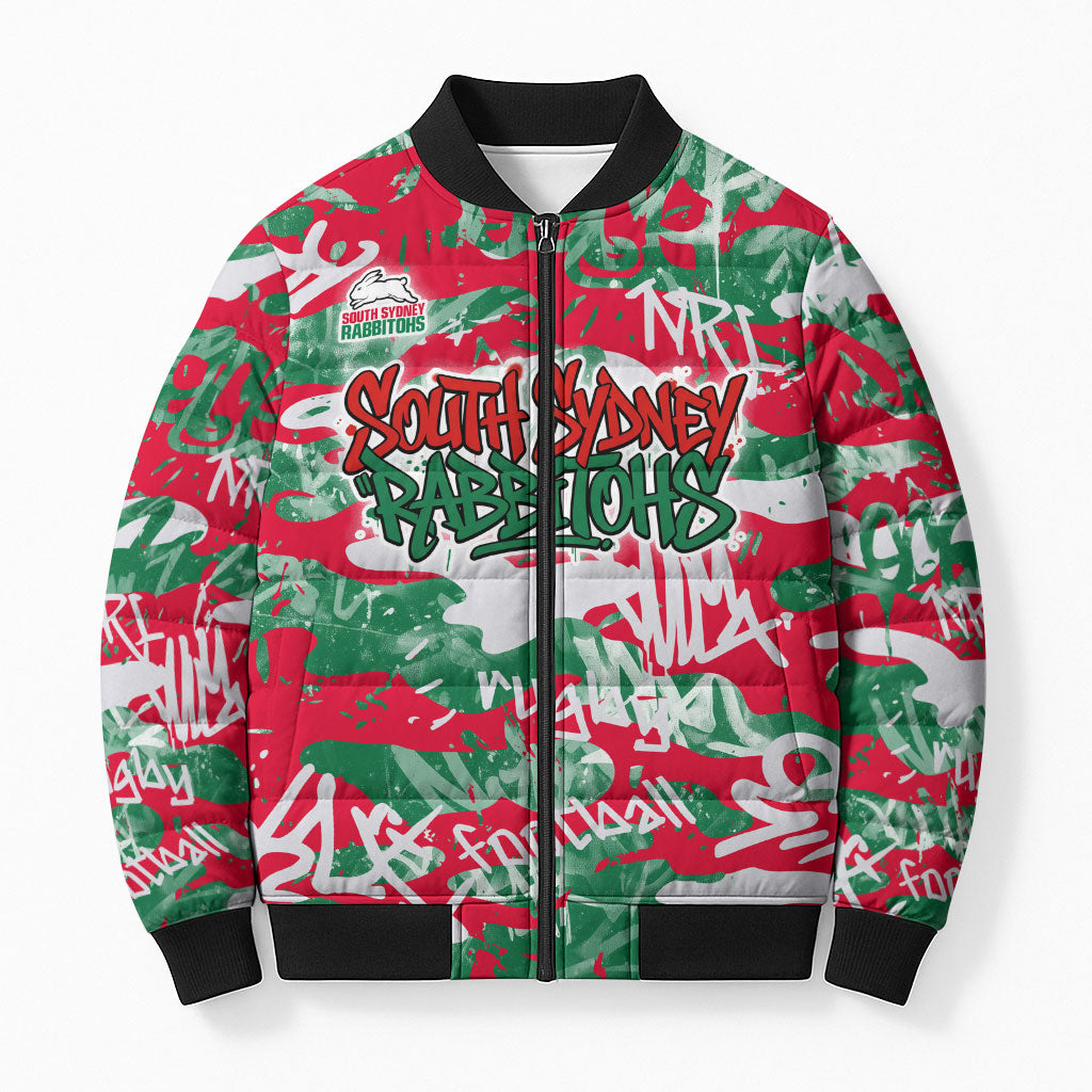 South Sydney Rabbitohs Rugby Bomber Puffer Jacket Graffiti Typography Urban Camo Abstract Street Style