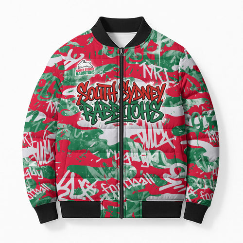 South Sydney Rabbitohs Rugby Bomber Puffer Jacket Graffiti Typography Urban Camo Abstract Street Style