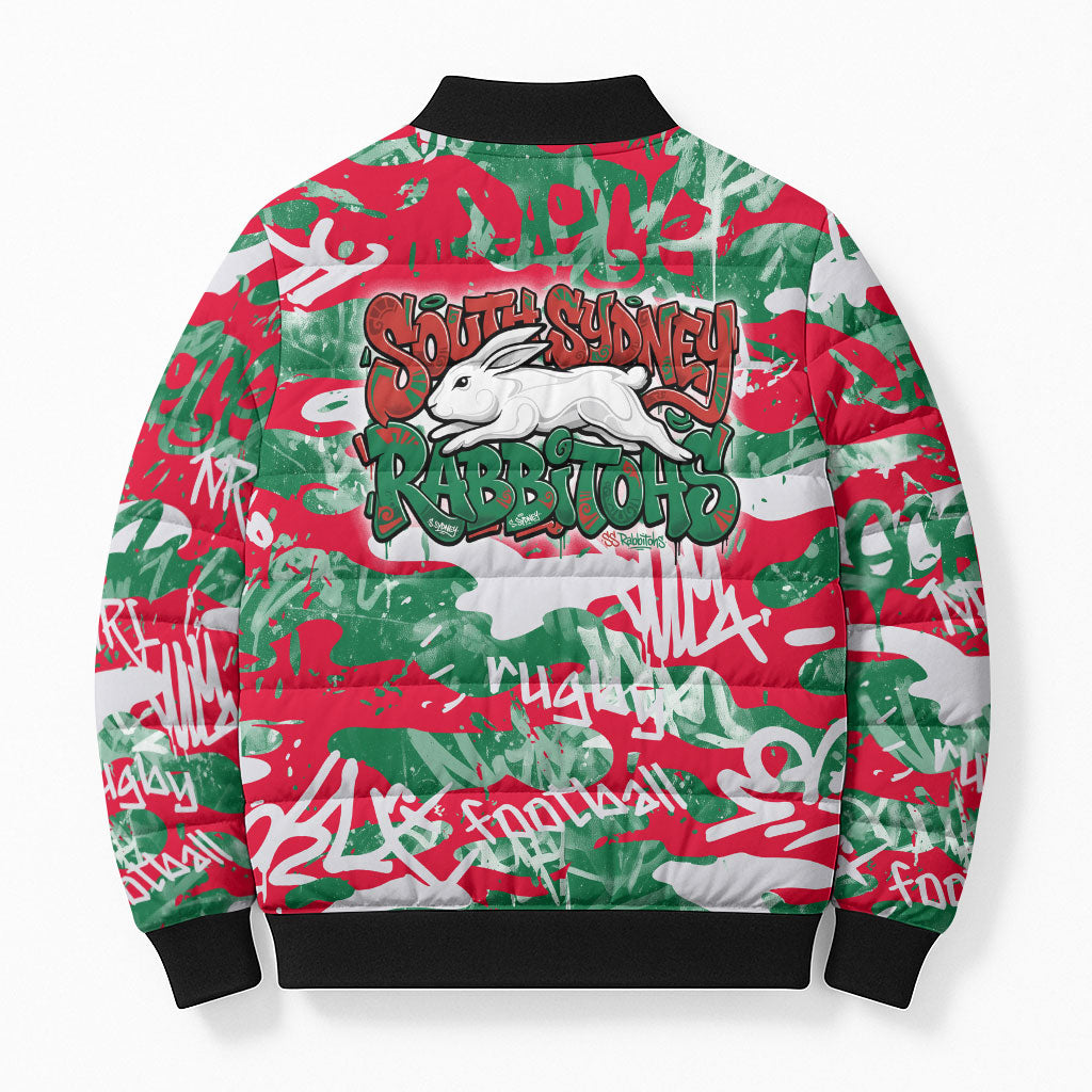 South Sydney Rabbitohs Rugby Bomber Puffer Jacket Graffiti Typography Urban Camo Abstract Street Style