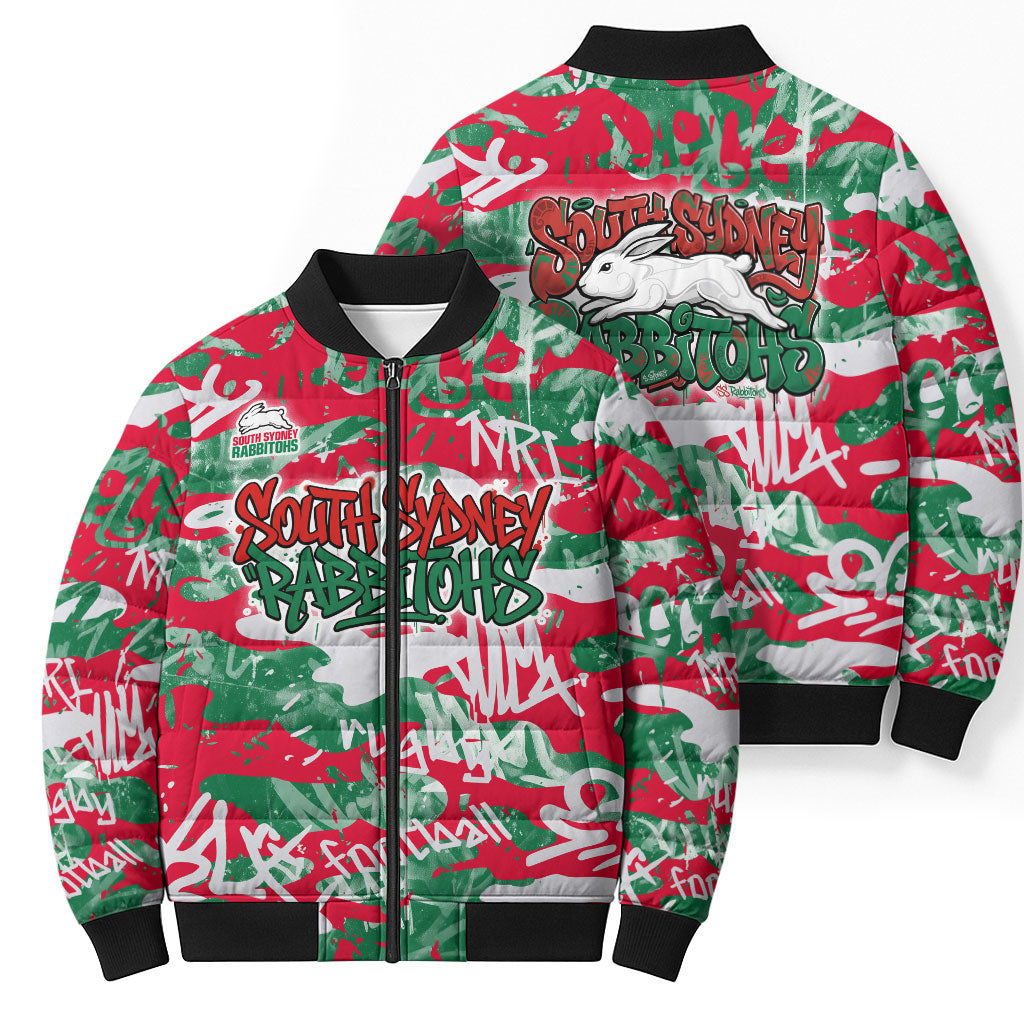 South Sydney Rabbitohs Rugby Bomber Puffer Jacket Graffiti Typography Urban Camo Abstract Street Style