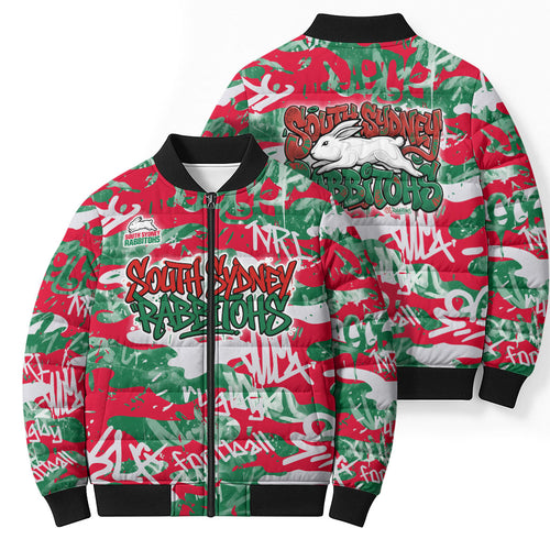 South Sydney Rabbitohs Rugby Bomber Puffer Jacket Graffiti Typography Urban Camo Abstract Street Style