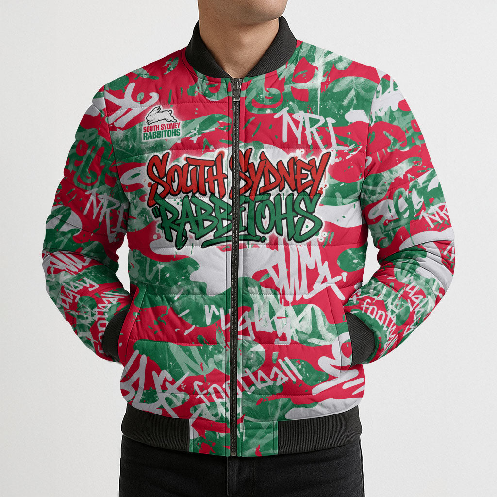 South Sydney Rabbitohs Rugby Bomber Puffer Jacket Graffiti Typography Urban Camo Abstract Street Style