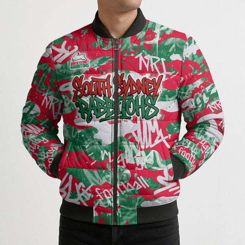 South Sydney Rabbitohs Rugby Bomber Puffer Jacket Graffiti Typography Urban Camo Abstract Street Style