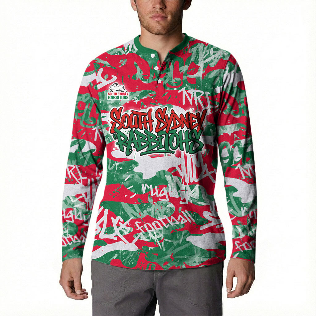South Sydney Rabbitohs Rugby Button Sweatshirt Graffiti Typography Urban Camo Abstract Street Style