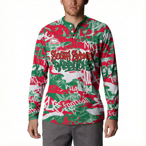 South Sydney Rabbitohs Rugby Button Sweatshirt Graffiti Typography Urban Camo Abstract Street Style