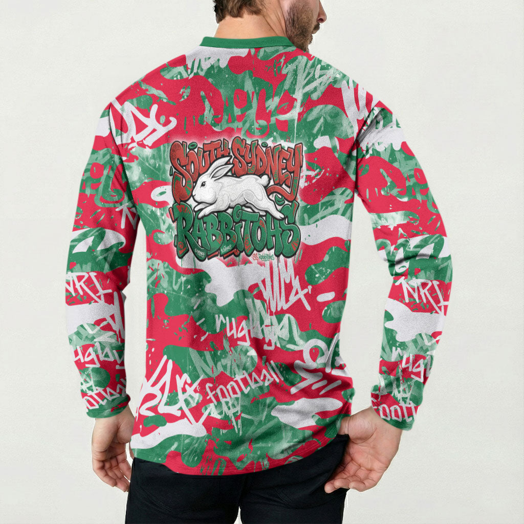 South Sydney Rabbitohs Rugby Button Sweatshirt Graffiti Typography Urban Camo Abstract Street Style
