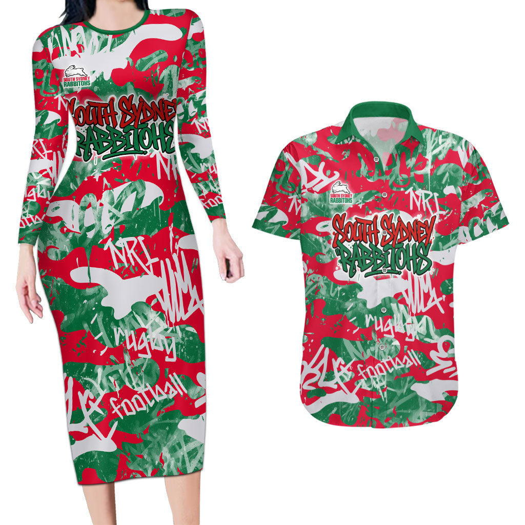 South Sydney Rabbitohs Rugby Couples Matching Long Sleeve Bodycon Dress and Hawaiian Shirt Graffiti Typography Urban Camo Abstract Street Style