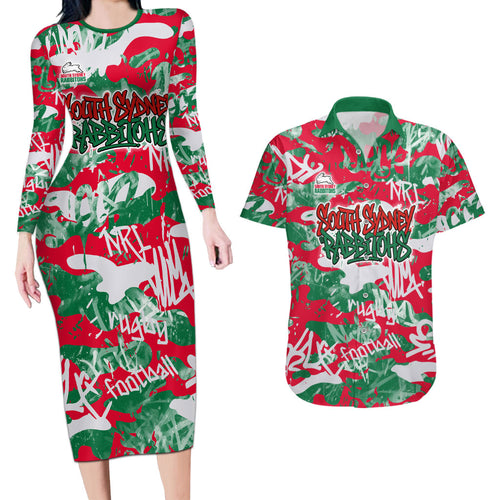 South Sydney Rabbitohs Rugby Couples Matching Long Sleeve Bodycon Dress and Hawaiian Shirt Graffiti Typography Urban Camo Abstract Street Style